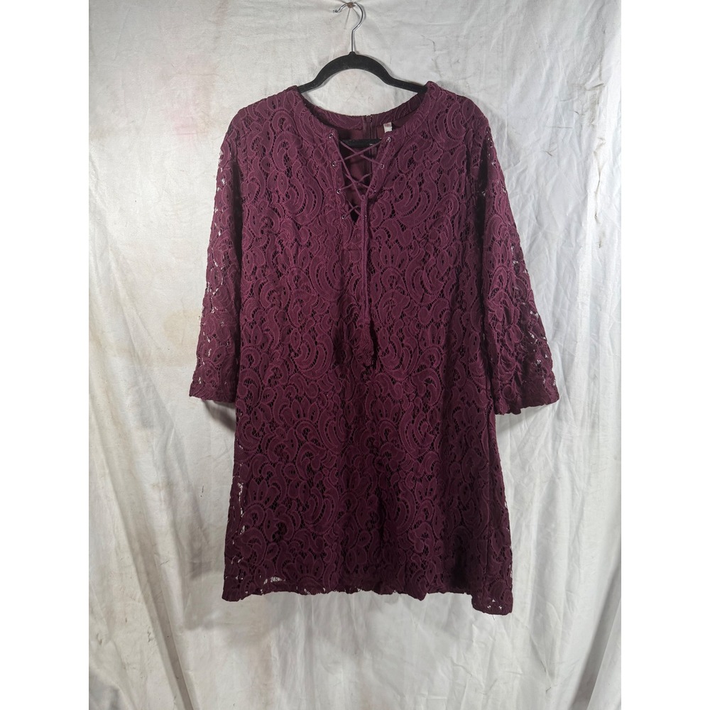 Xhilaration Burgundy Lace Shift Dressโ Lace Up Tassel Neck Long Sleeve Womens L